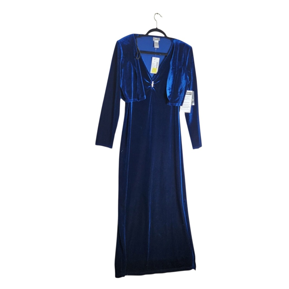 Fashion Bug Royal Blue Velvet Maxi Dress Bolero Jacket Set Size 12 Brooch Detail